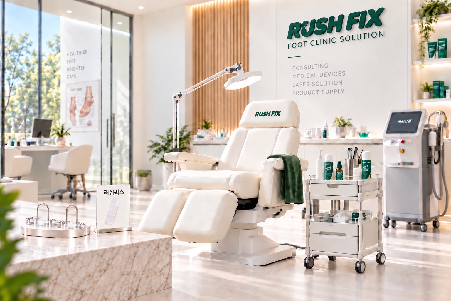 화이트 체어와 전문 제품이 갖춰진 RUSH FIX 클리닉 구성 예시